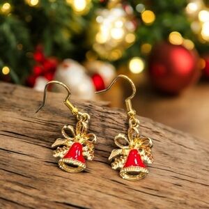 Bell Shaped Ribbon Gold Plated Holiday Festive Dangle Earrings